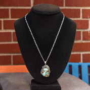 Signed Native American Turquoise Pendant In Sterling Silver, Leaf Swirl Motifs, Navajo Jewelry, 1.75" L