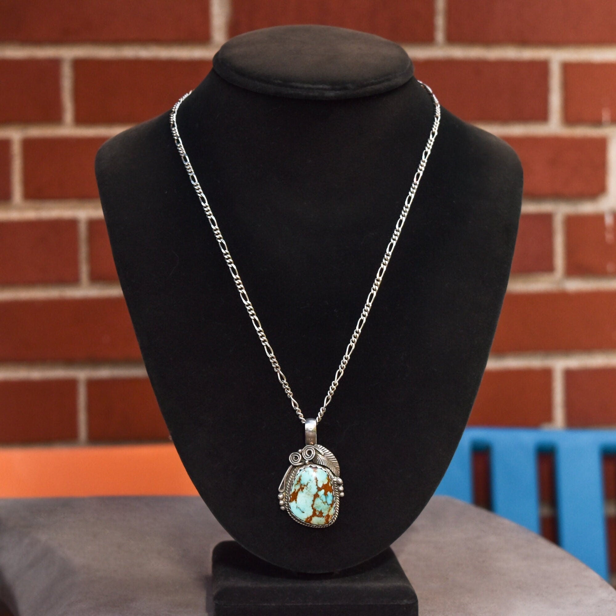 Signed Native American Turquoise Pendant In Sterling Silver, Leaf Swirl Motifs, Navajo Jewelry, 1.75" L