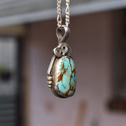 Signed Native American Turquoise Pendant In Sterling Silver, Leaf Swirl Motifs, Navajo Jewelry, 1.75" L