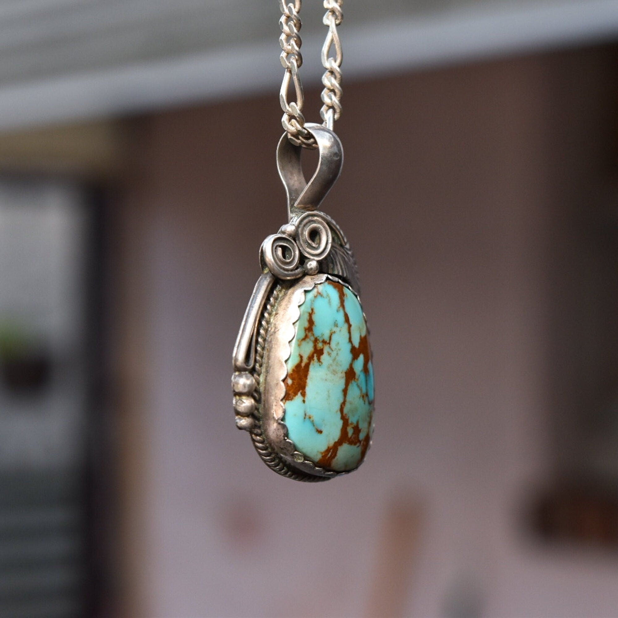 Signed Native American Turquoise Pendant In Sterling Silver, Leaf Swirl Motifs, Navajo Jewelry, 1.75" L