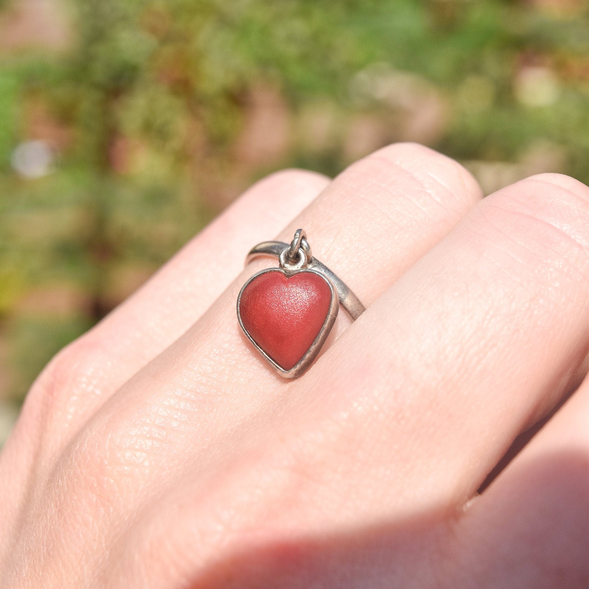 TAXCO Red Jasper Heart Dangle Ring In Sterling Silver, Stacking Ring, Mexican 925 Silver, Size 7 US
