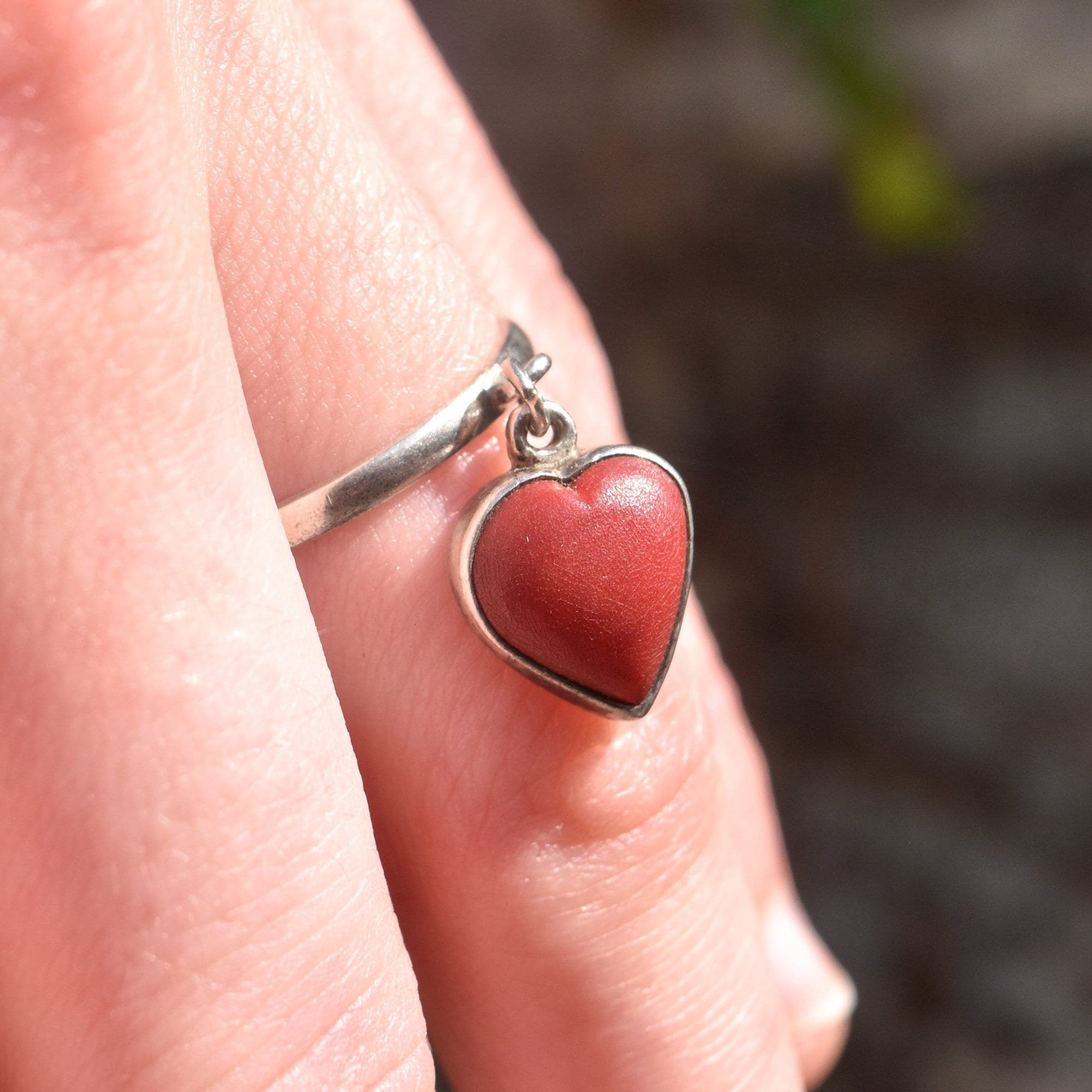 TAXCO Red Jasper Heart Dangle Ring In Sterling Silver, Stacking Ring, Mexican 925 Silver, Size 7 US