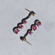 Elegant 14K Pink Tourmaline Pierced Dangle Earrings, Scalloped 3-Stone Earrings, Estate Jewelry, 30mm
