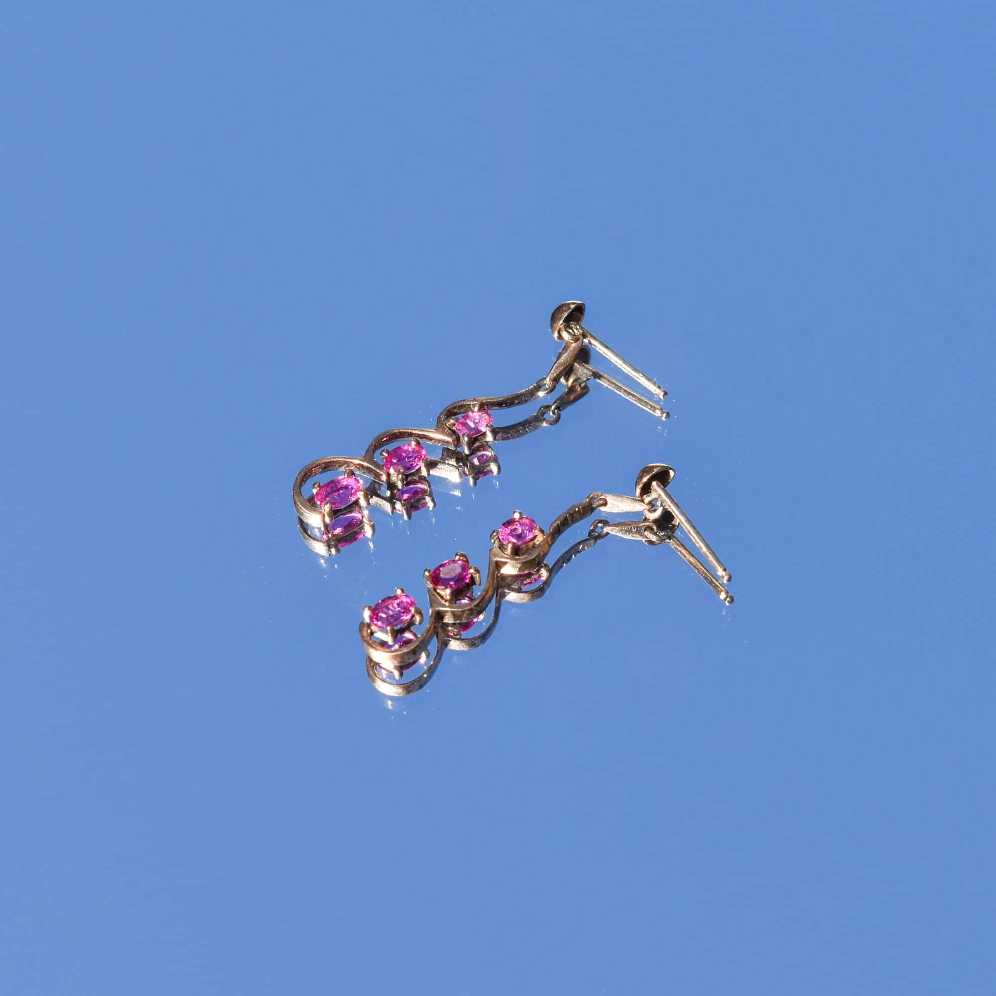 Elegant 14K Pink Tourmaline Pierced Dangle Earrings, Scalloped 3-Stone Earrings, Estate Jewelry, 30mm