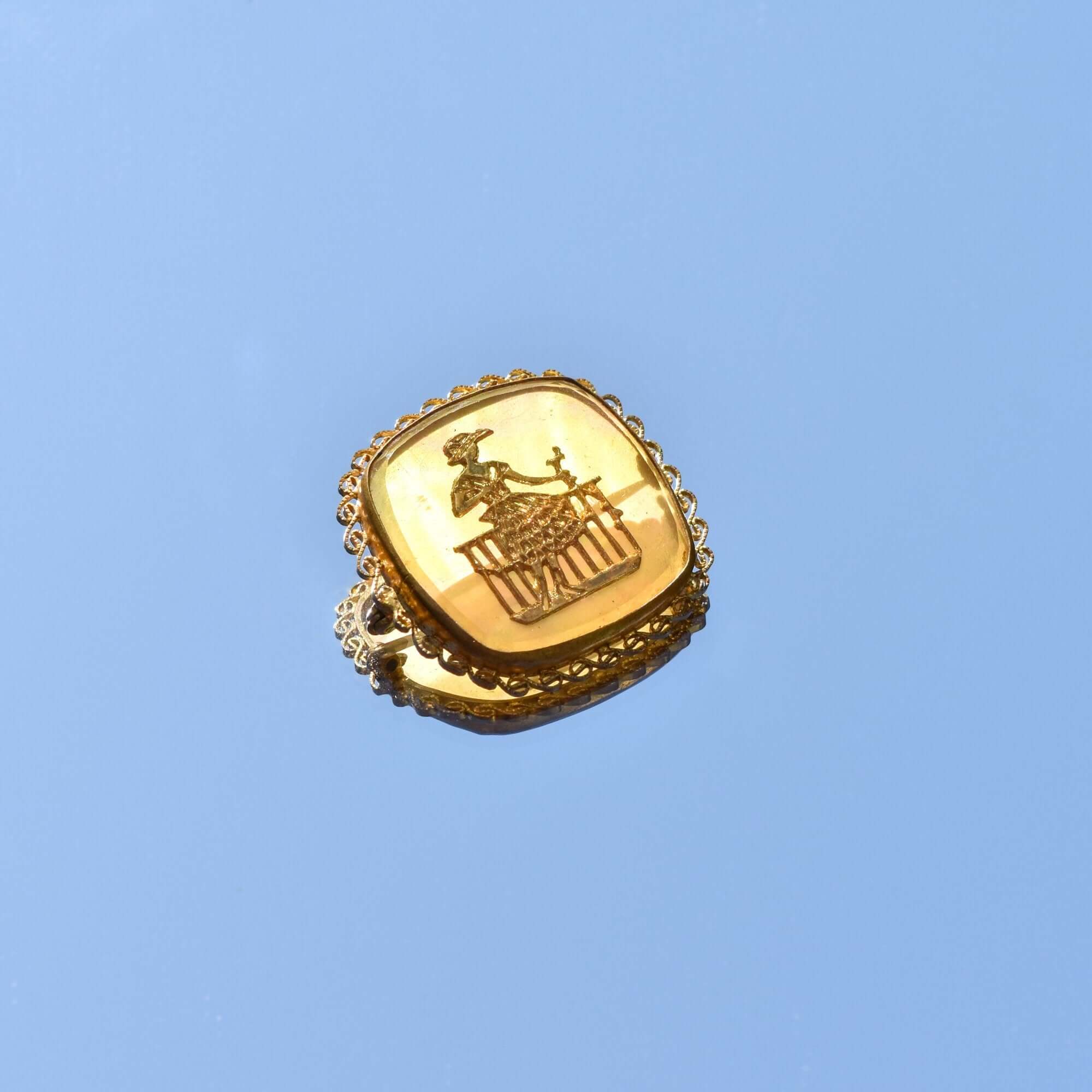 Czech Mother Of Pearl Gilt Filigree Cameo Style Brooch Pin, Maiden Figure, Estate Jewelry, 33mm