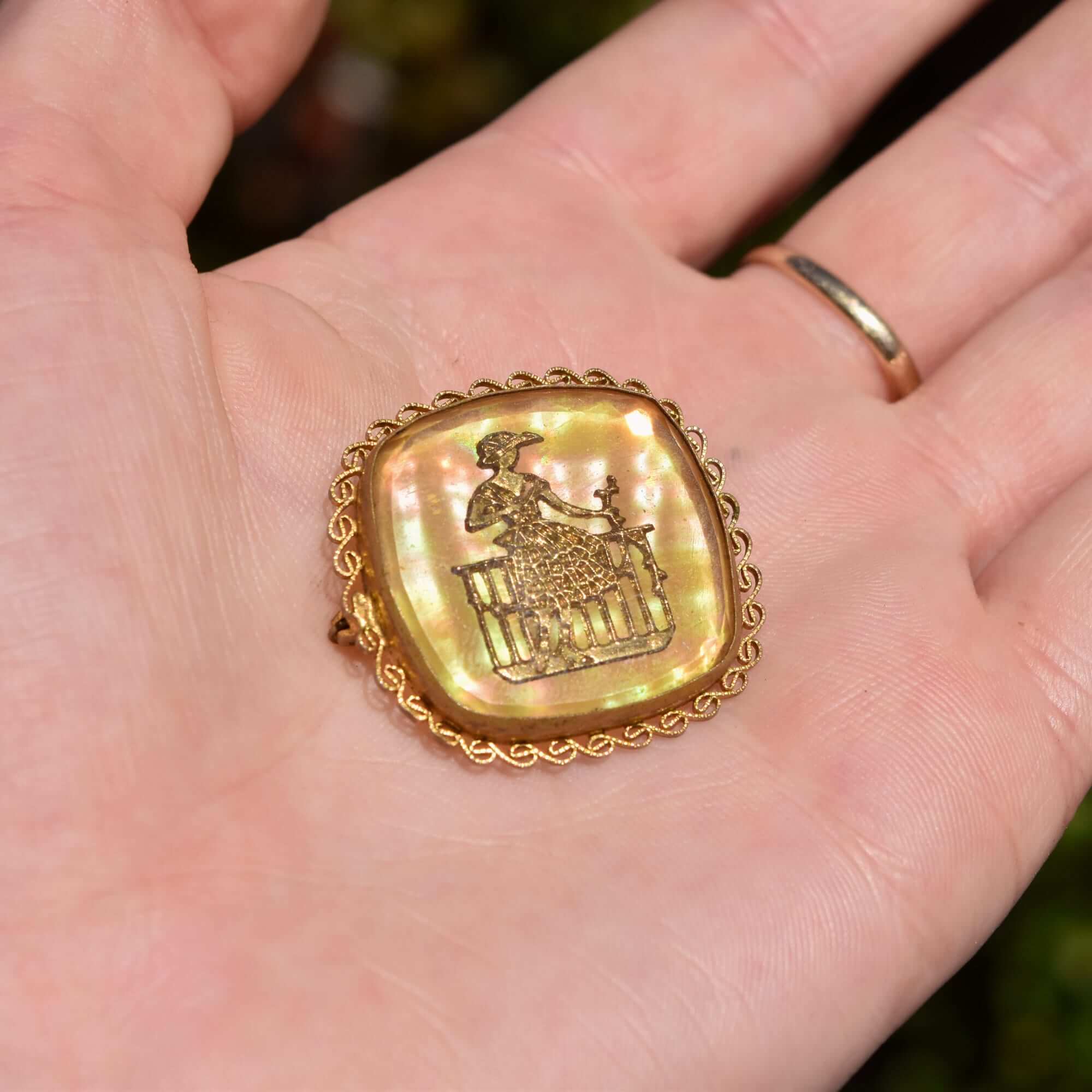 Czech Mother Of Pearl Gilt Filigree Cameo Style Brooch Pin, Maiden Figure, Estate Jewelry, 33mm
