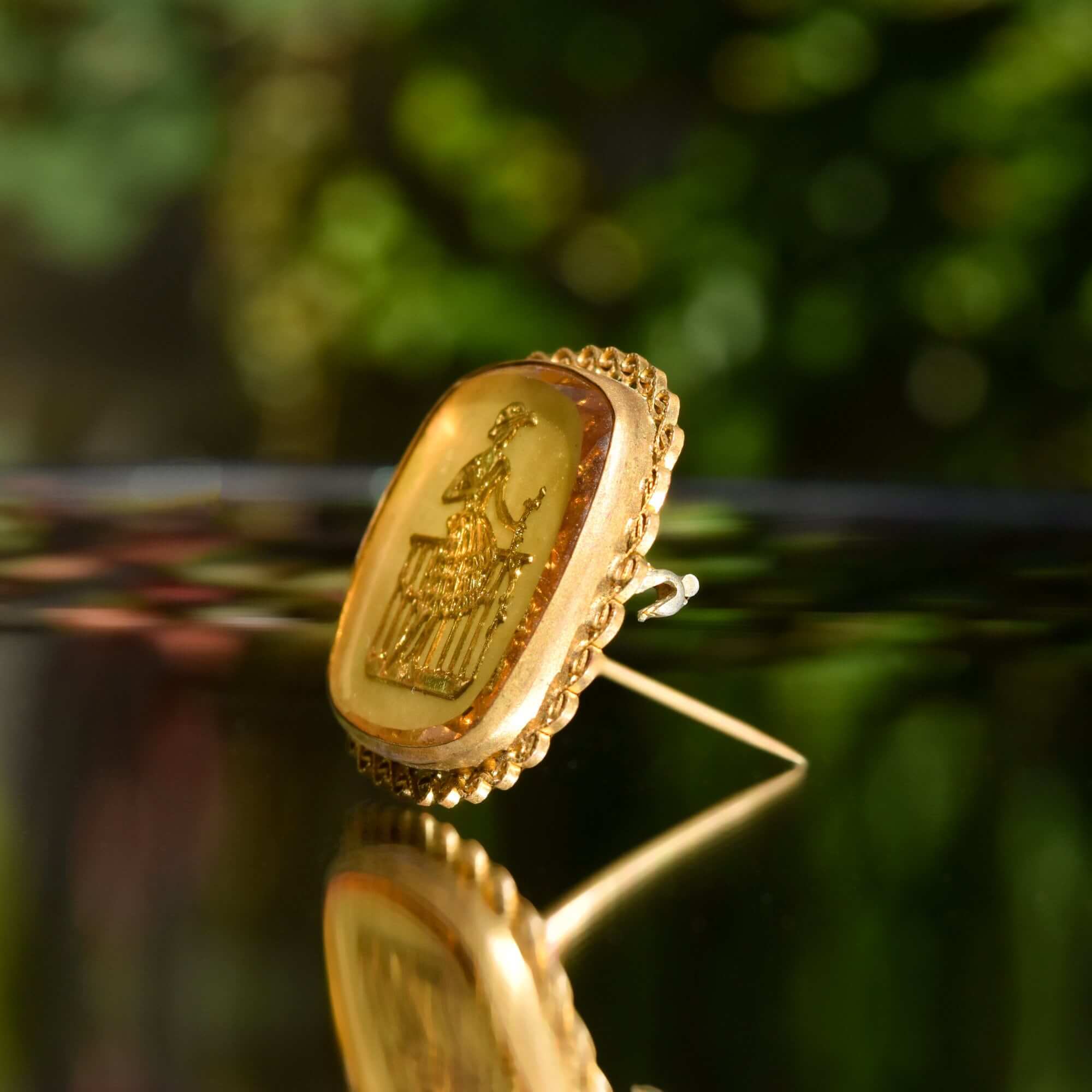 Czech Mother Of Pearl Gilt Filigree Cameo Style Brooch Pin, Maiden Figure, Estate Jewelry, 33mm