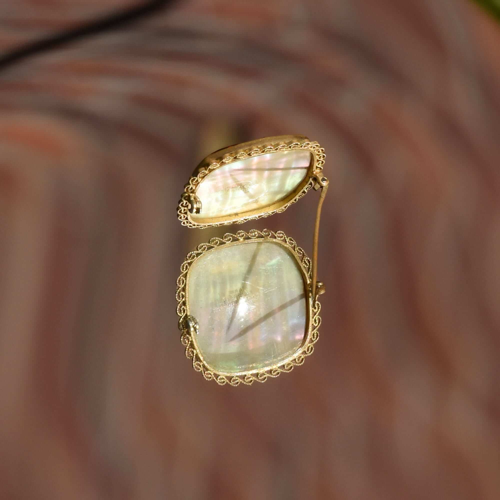 Czech Mother Of Pearl Gilt Filigree Cameo Style Brooch Pin, Maiden Figure, Estate Jewelry, 33mm