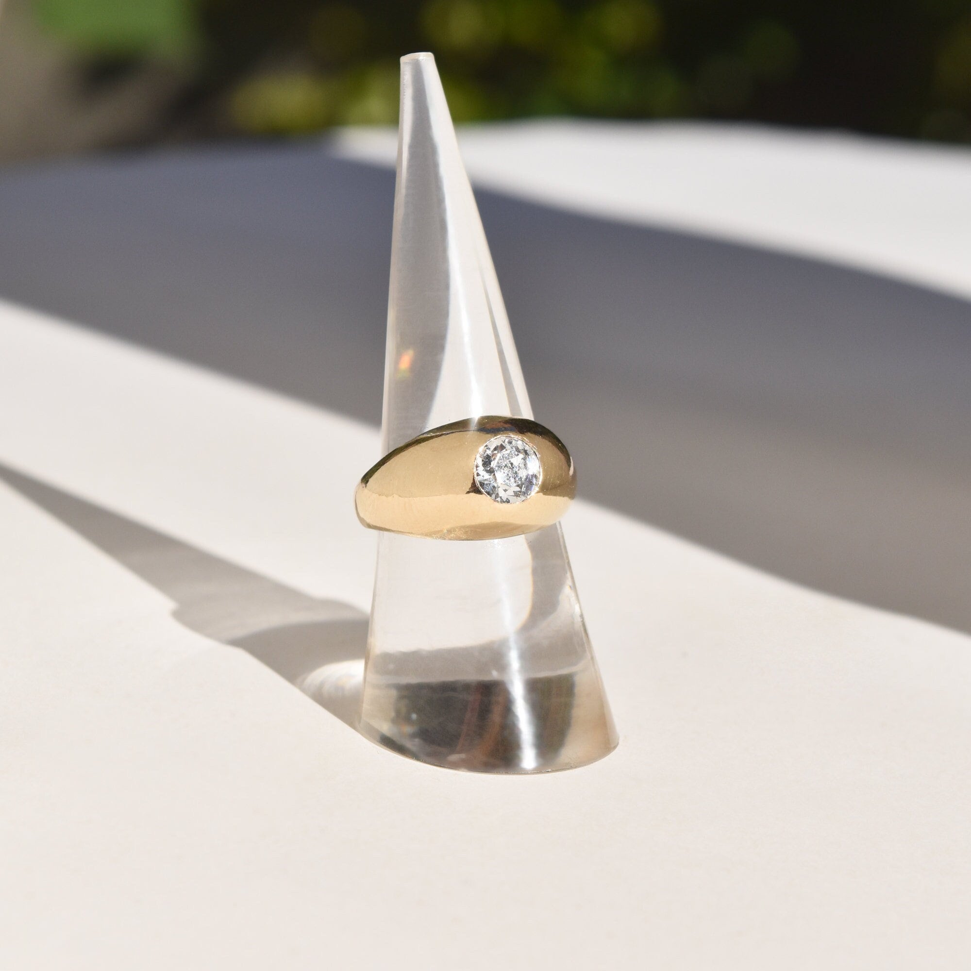 10K yellow gold filled dome ring with a single paste solitaire gemstone, polished finish, Victorian style wedding band, size 7 US.