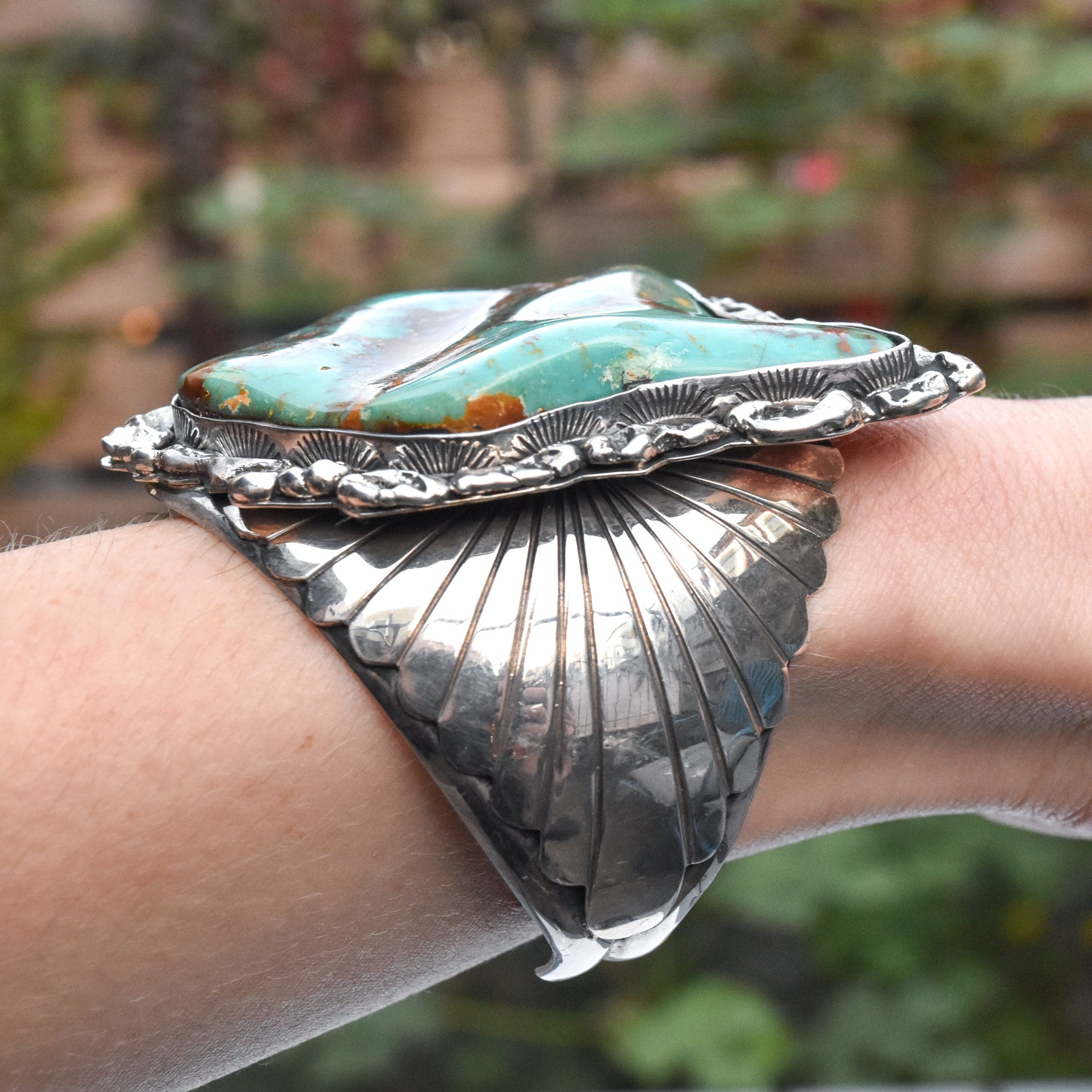 Massive Royston Turquoise Free-Form Sterling Cuff Bracelet By Lee Bennett, Navajo Native American, 5.625"