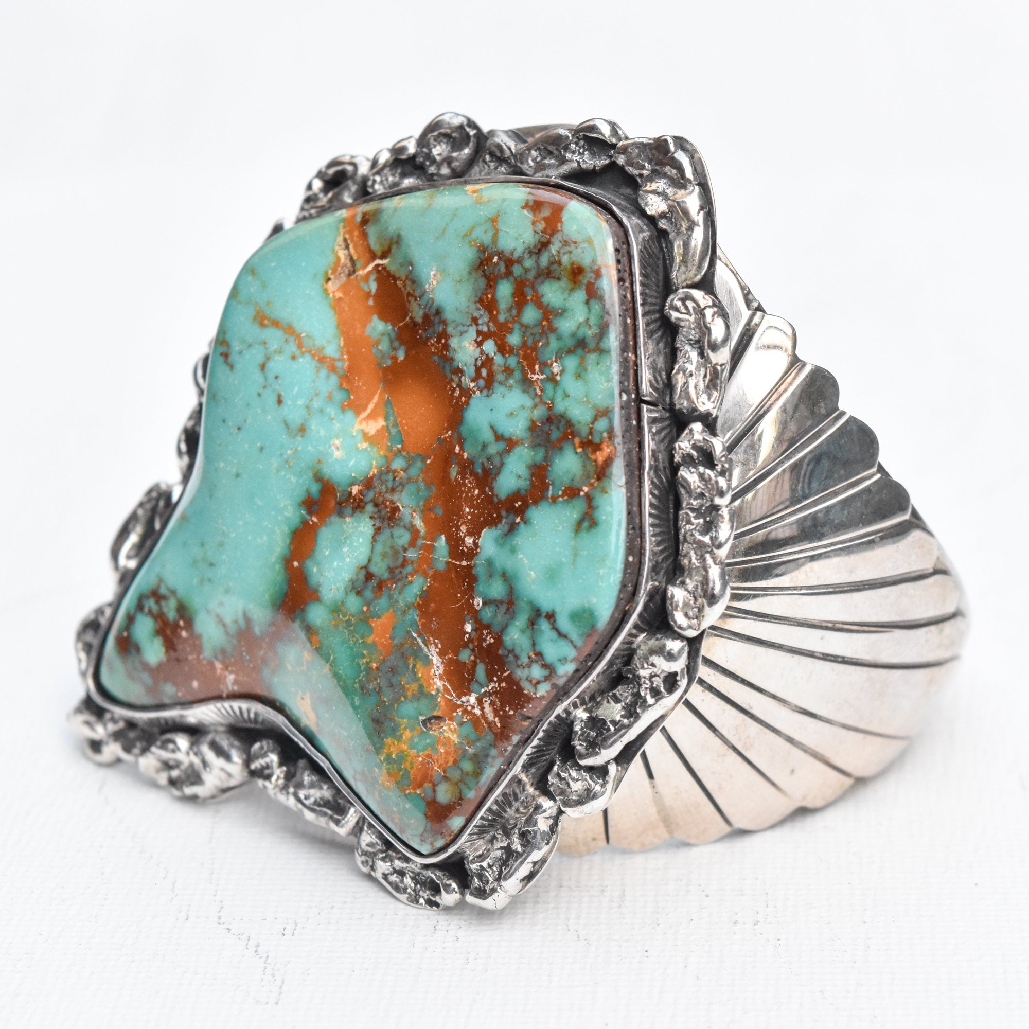 Massive Royston Turquoise Free-Form Sterling Cuff Bracelet By Lee Bennett, Navajo Native American, 5.625"