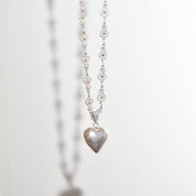 Antique French Sterling Silver Heart Filigree Necklace With Polished Heart Harmony Ball Pendant, 28.75" L