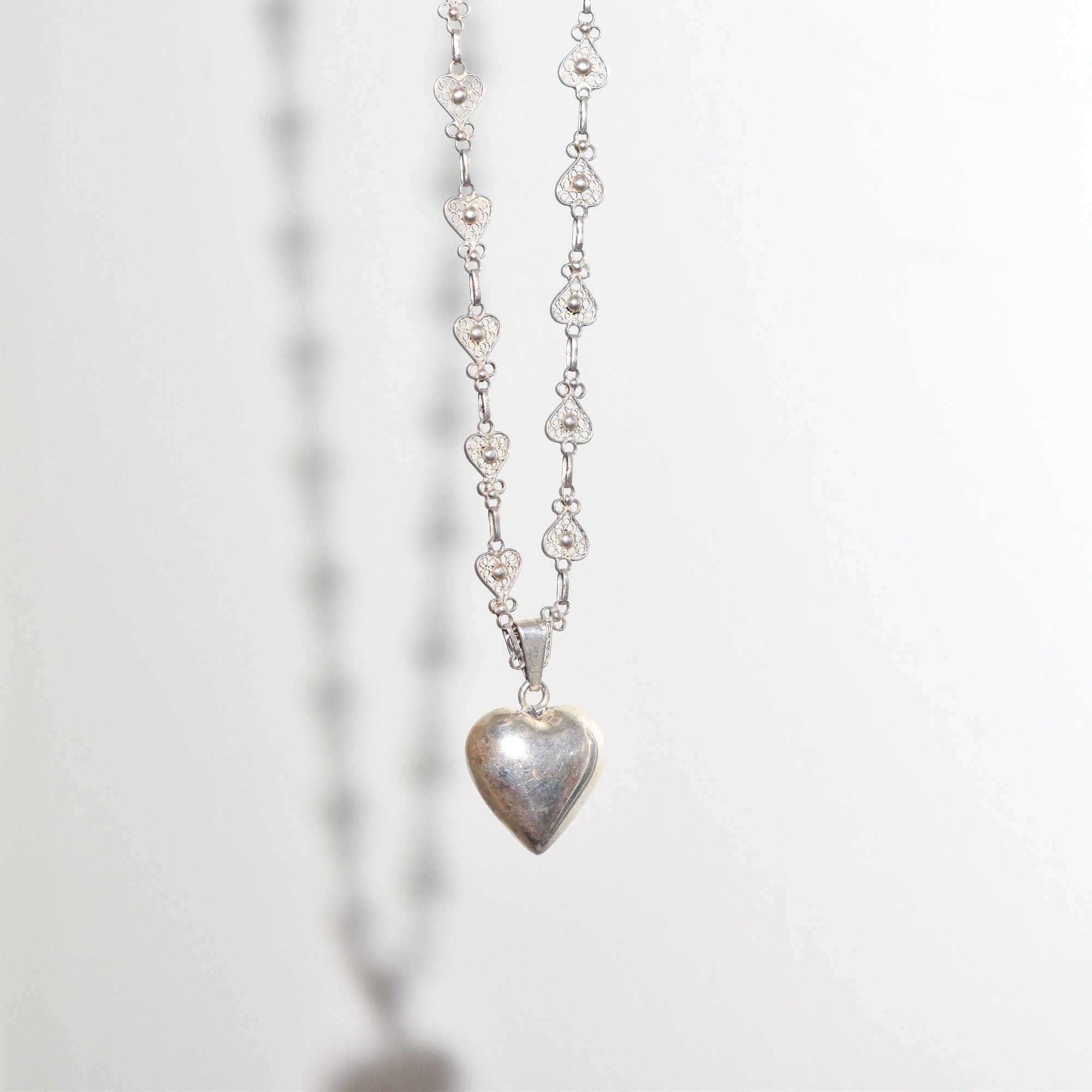 Antique French Sterling Silver Heart Filigree Necklace With Polished Heart Harmony Ball Pendant, 28.75" L