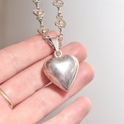 Antique French Sterling Silver Heart Filigree Necklace With Polished Heart Harmony Ball Pendant, 28.75" L