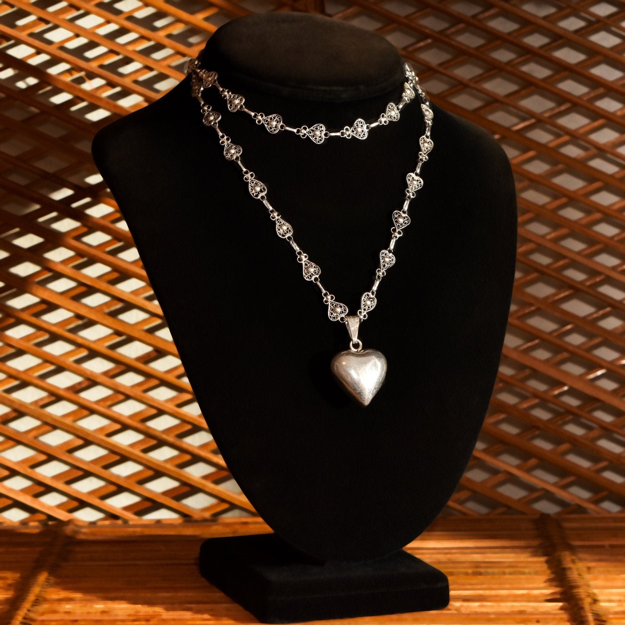 Antique French Sterling Silver Heart Filigree Necklace With Polished Heart Harmony Ball Pendant, 28.75" L
