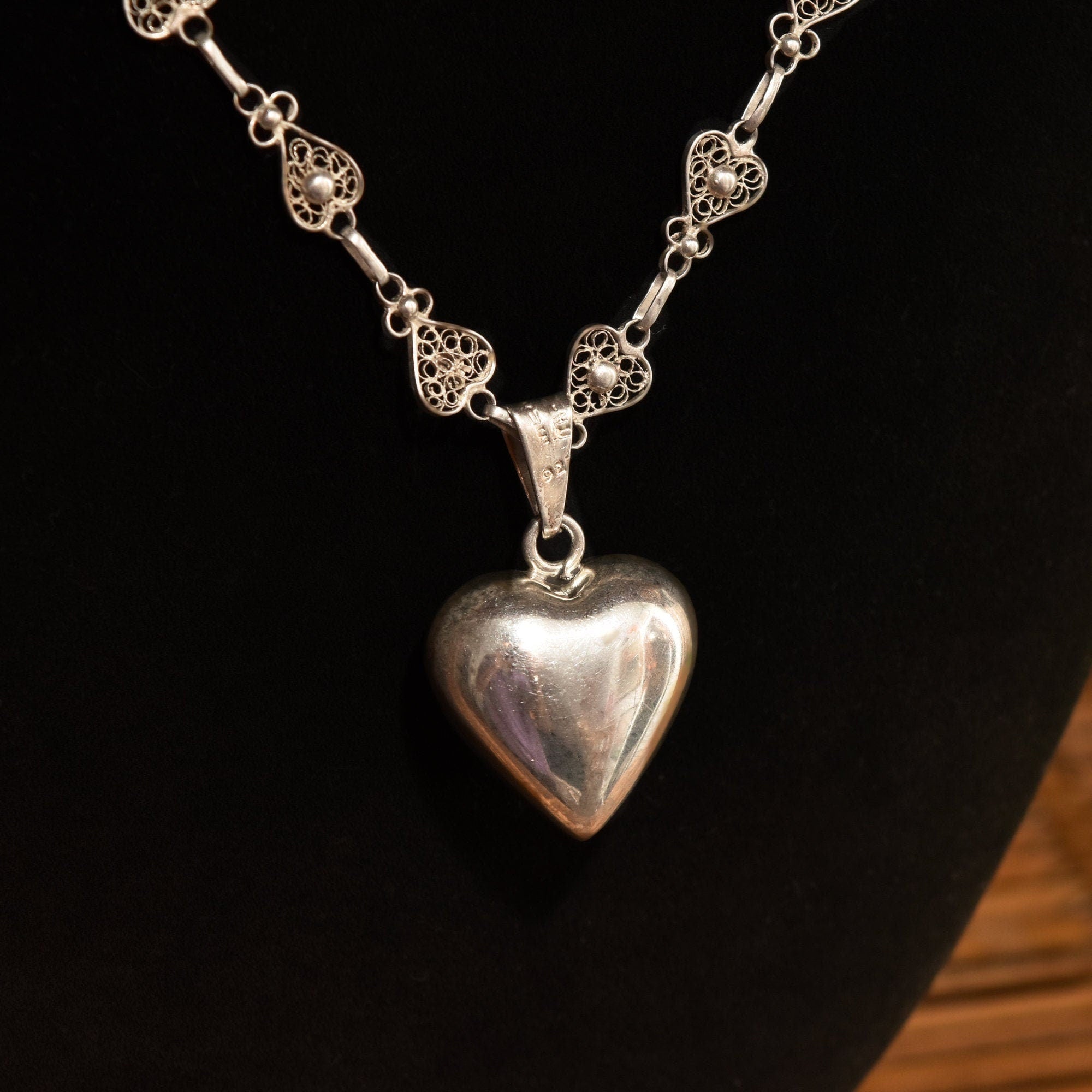 Antique French Sterling Silver Heart Filigree Necklace With Polished Heart Harmony Ball Pendant, 28.75" L
