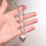 Antique French Sterling Silver Heart Filigree Necklace With Polished Heart Harmony Ball Pendant, 28.75" L