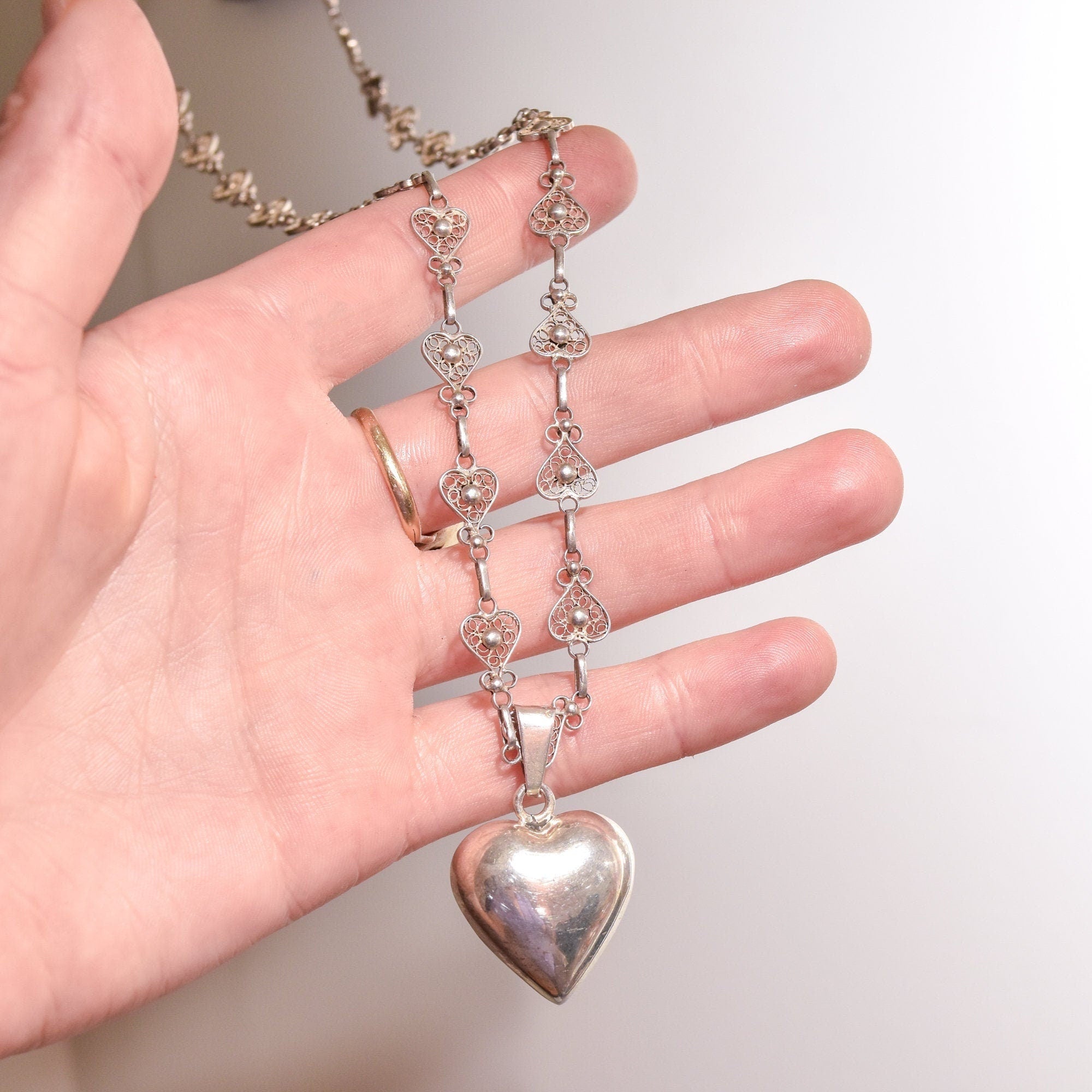 Antique French Sterling Silver Heart Filigree Necklace With Polished Heart Harmony Ball Pendant, 28.75" L
