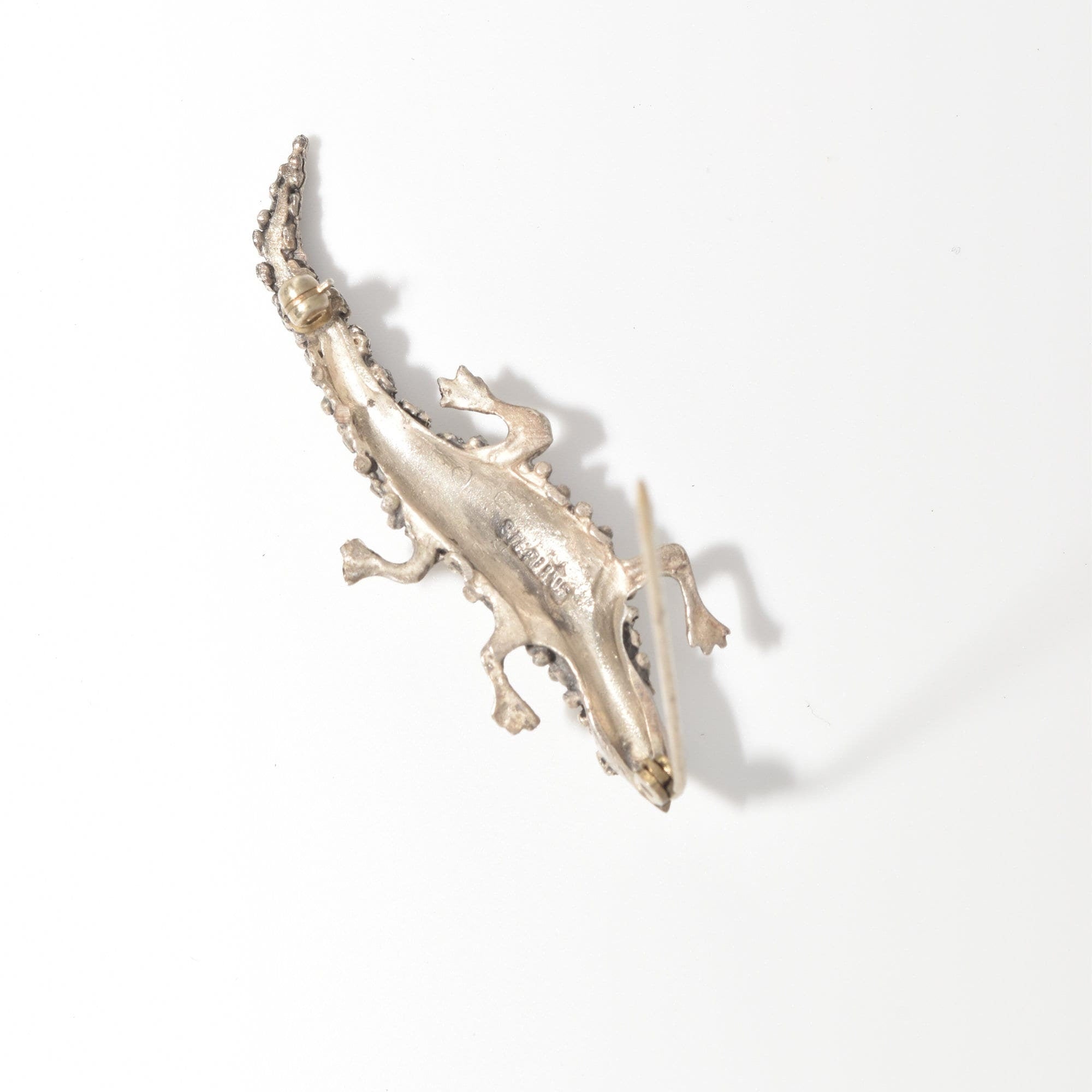 Sterling Silver Cannetille Lizard Brooch, Pebbled Silver Gecko Label Pin, Estate Jewelry, 2.25" L