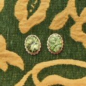 Floral 14K Carved Nephrite Jade Stud Earrings, Yellow Gold Ribbon Setting, Cute Gold Studs, 23mm