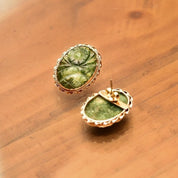 Floral 14K Carved Nephrite Jade Stud Earrings, Yellow Gold Ribbon Setting, Cute Gold Studs, 23mm