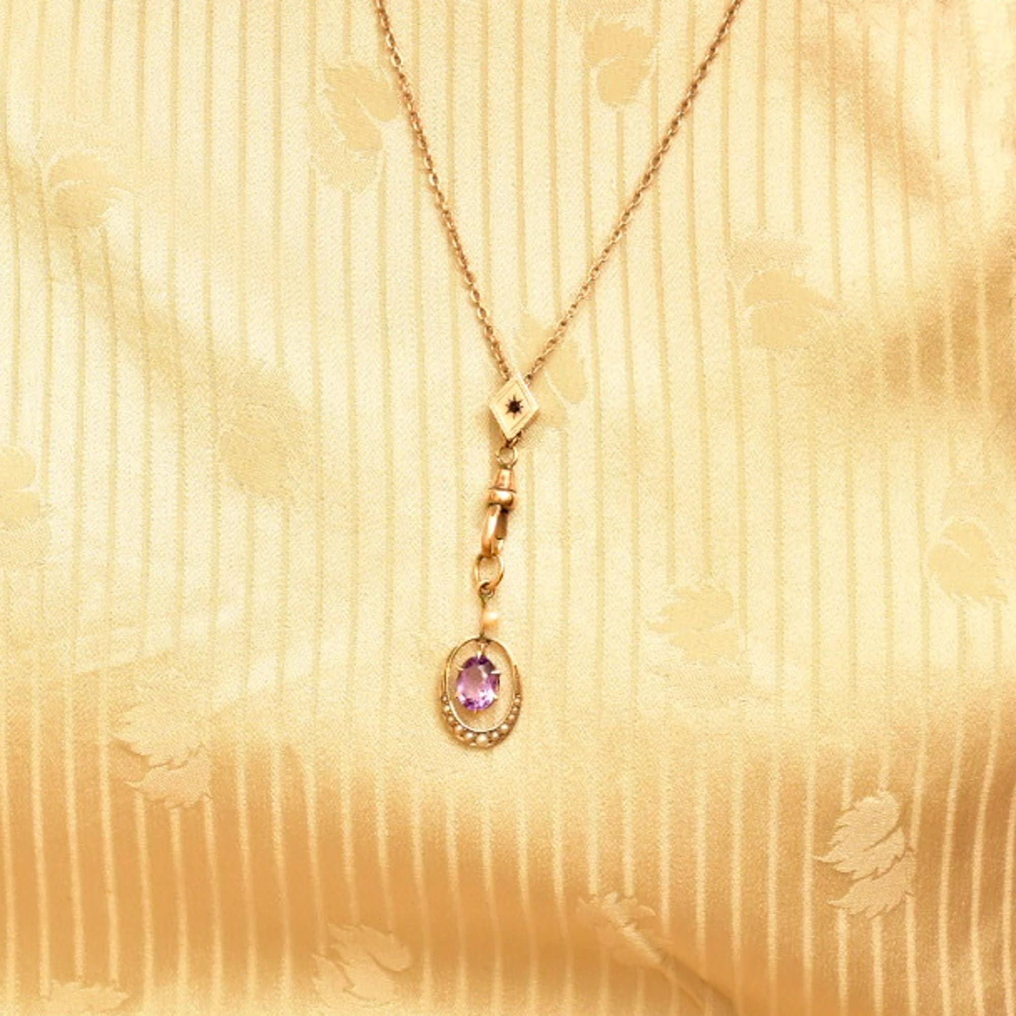 10K Amethyst Seed Pearl Watch/Lorgnette Chain Lavaliere Necklace W/ Slide, Mourning Jewelry, 22" L