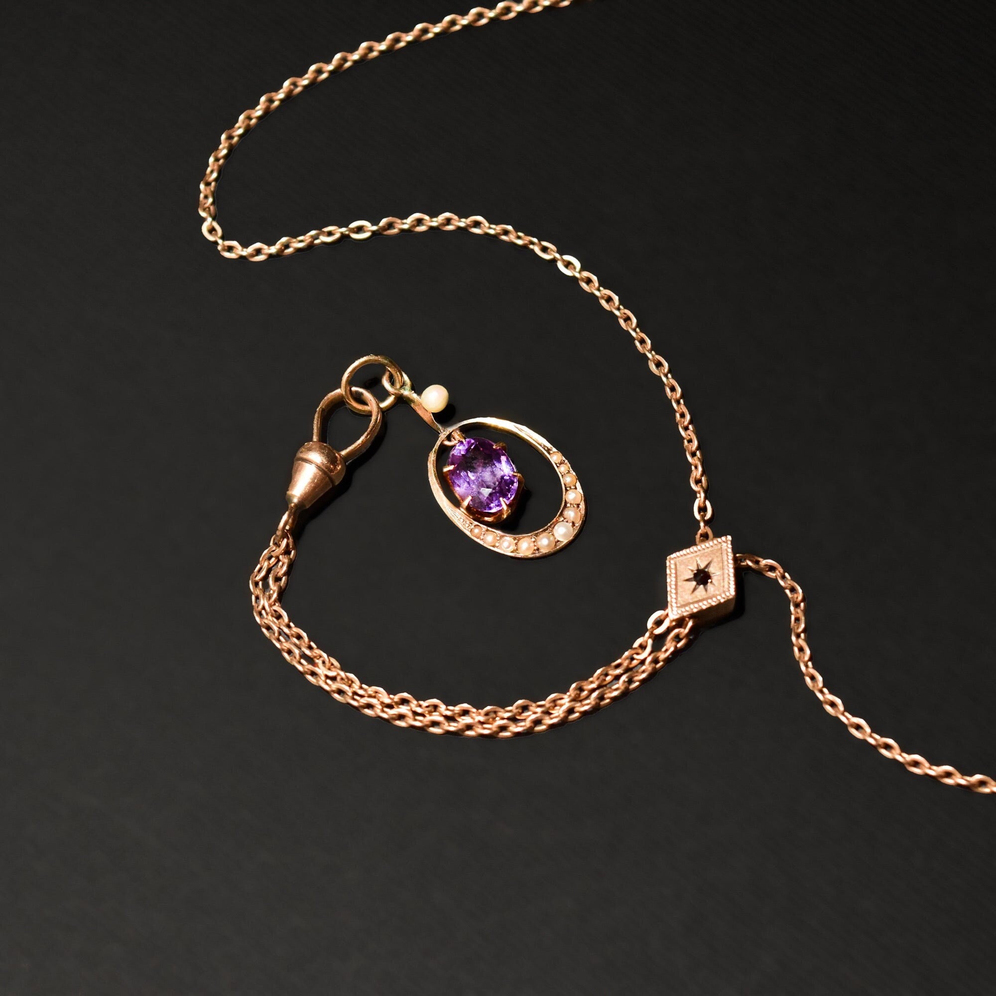 10K Amethyst Seed Pearl Watch/Lorgnette Chain Lavaliere Necklace W/ Slide, Mourning Jewelry, 22" L