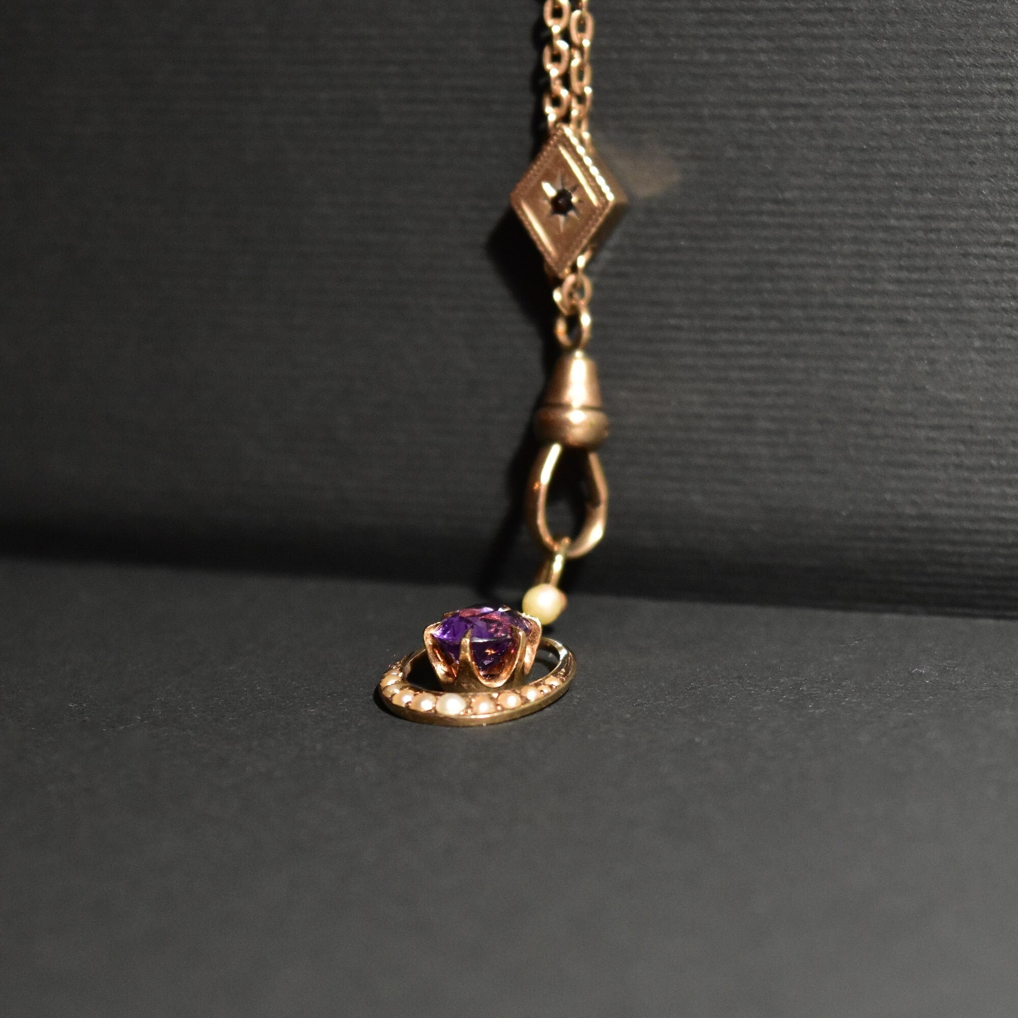 10K Amethyst Seed Pearl Watch/Lorgnette Chain Lavaliere Necklace W/ Slide, Mourning Jewelry, 22" L