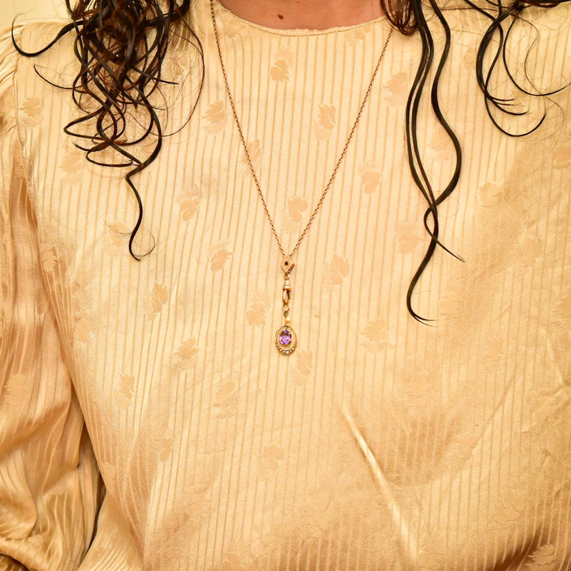 10K Amethyst Seed Pearl Watch/Lorgnette Chain Lavaliere Necklace W/ Slide, Mourning Jewelry, 22" L