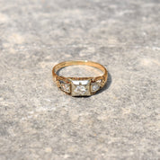 Art Deco 14K Three-Stone Diamond Engagement Ring, Two-Tone Gold Ring, Floral Motifs, Estate Jewelry, 7 1/2 US