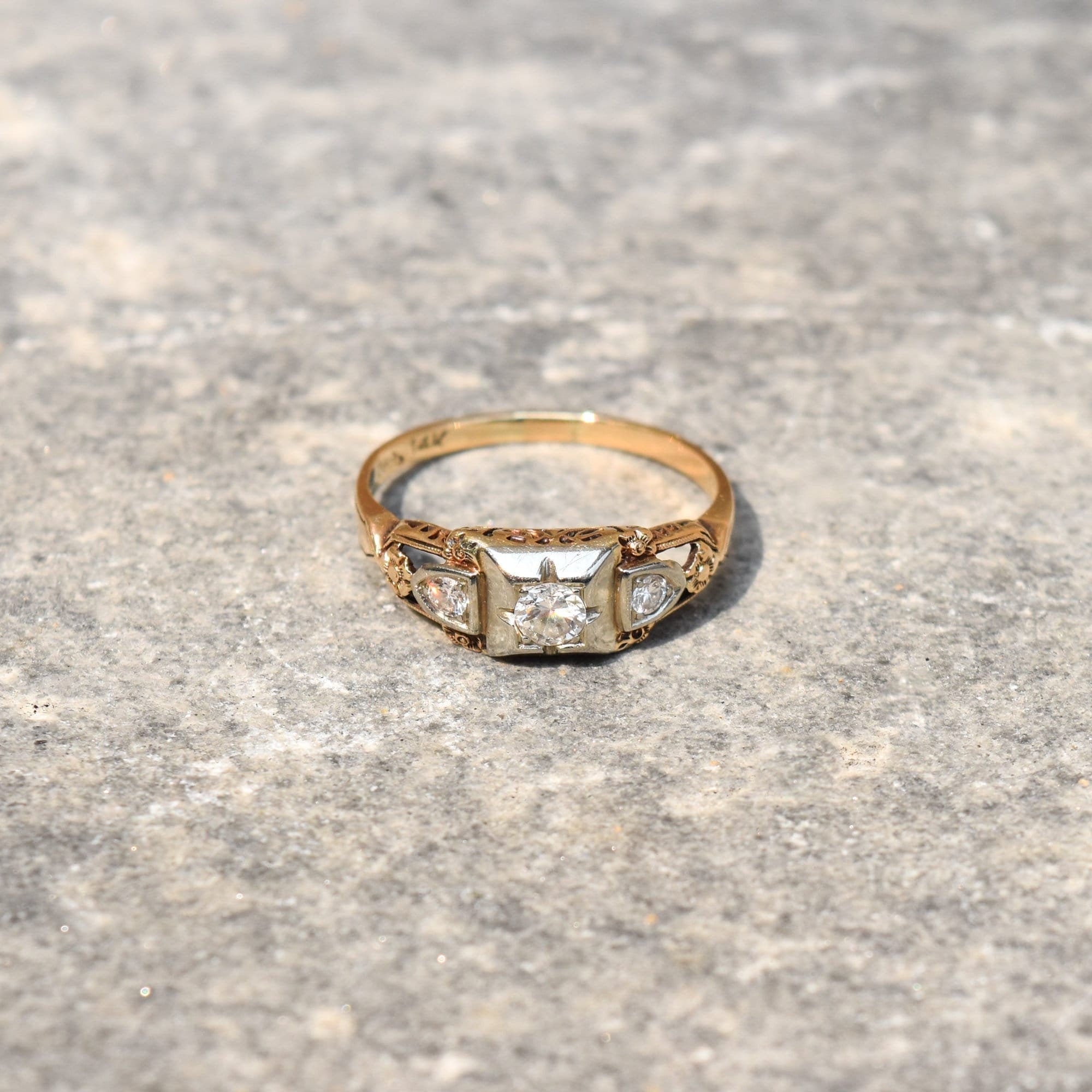 Art Deco 14K Three-Stone Diamond Engagement Ring, Two-Tone Gold Ring, Floral Motifs, Estate Jewelry, 7 1/2 US