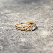 Art Deco 14K Three-Stone Diamond Engagement Ring, Two-Tone Gold Ring, Floral Motifs, Estate Jewelry, 7 1/2 US