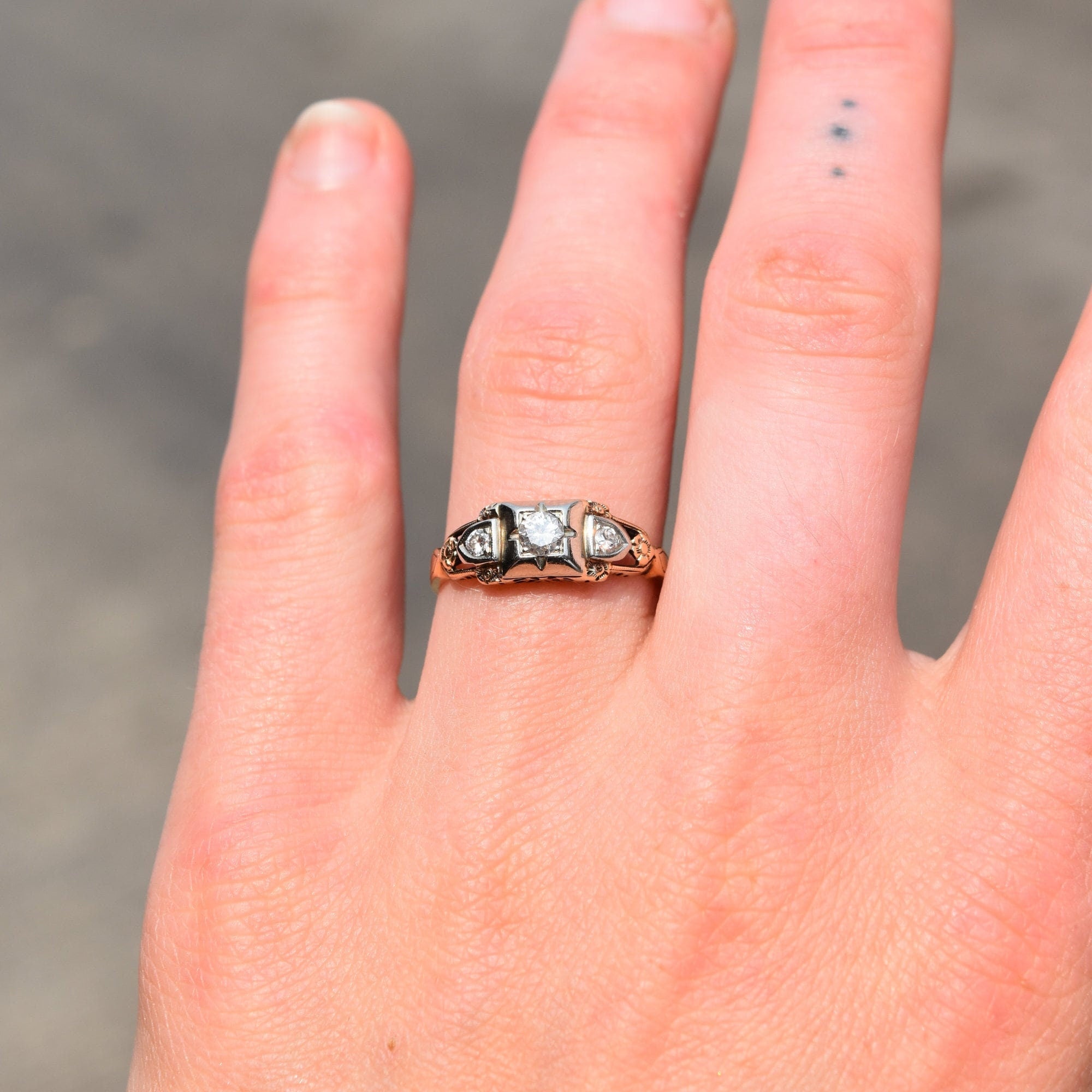 Art Deco 14K Three-Stone Diamond Engagement Ring, Two-Tone Gold Ring, Floral Motifs, Estate Jewelry, 7 1/2 US