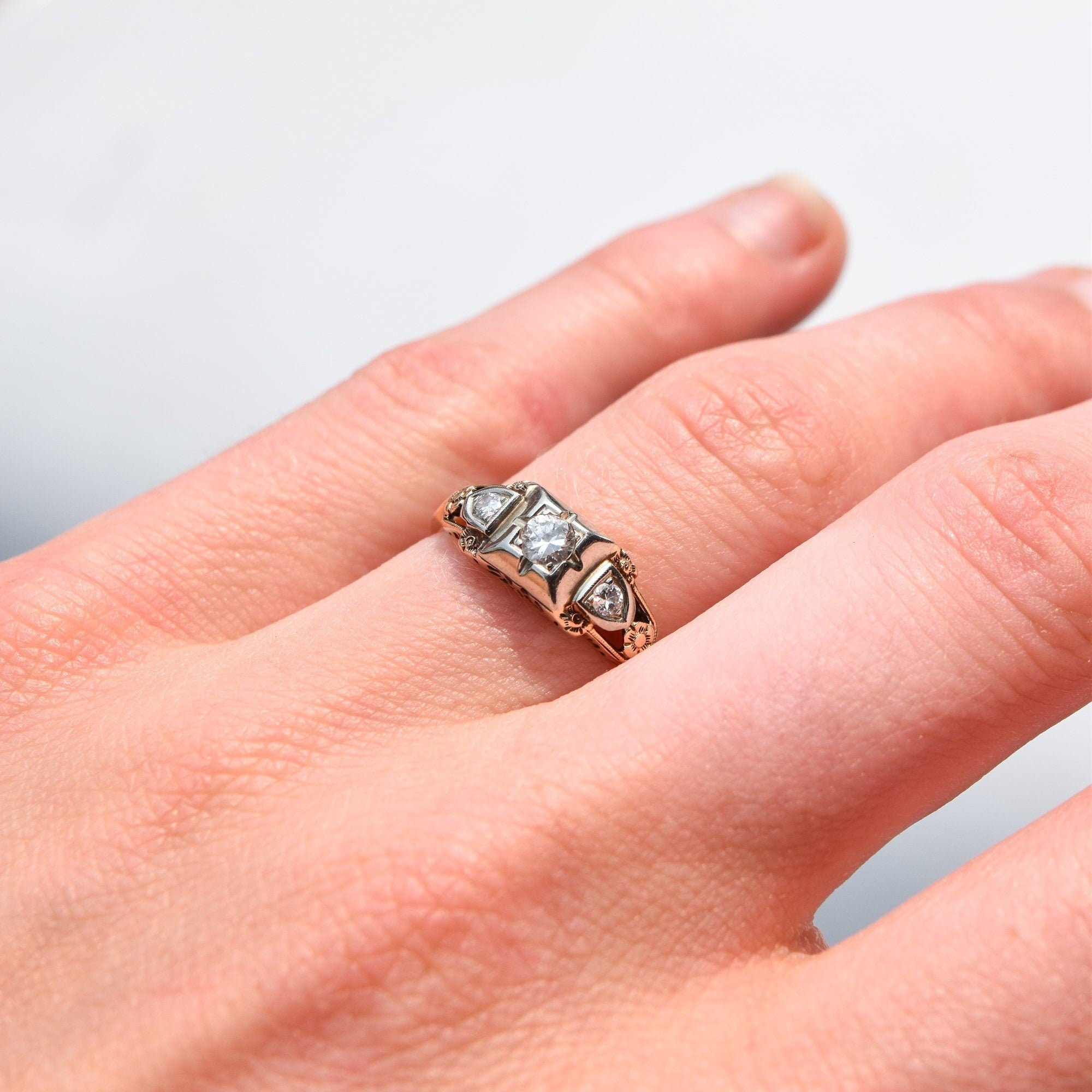 Art Deco 14K Three-Stone Diamond Engagement Ring, Two-Tone Gold Ring, Floral Motifs, Estate Jewelry, 7 1/2 US