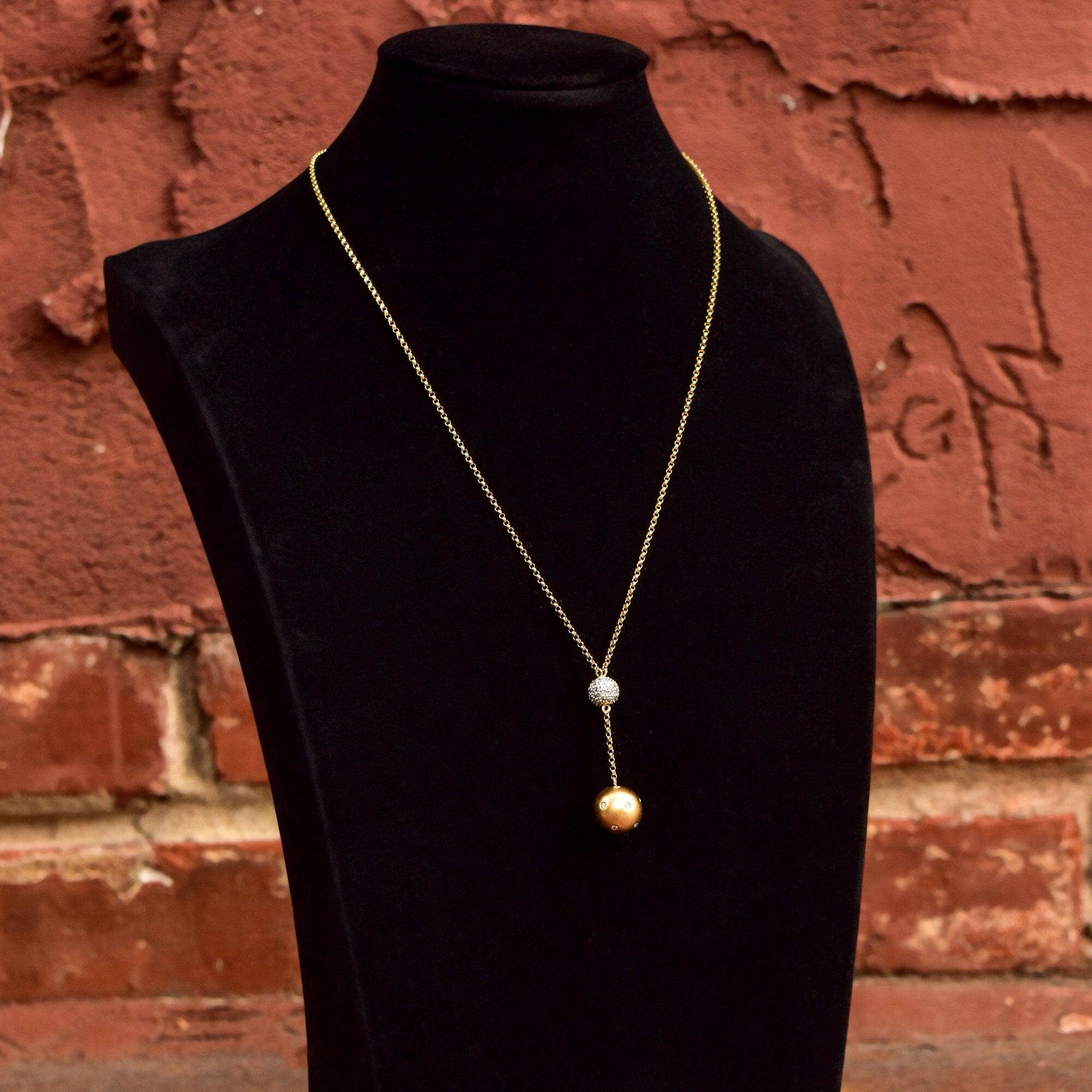 Estate 18K Diamond Ball Drop Lariat Necklace, Diamond Cluster Pendant, Yellow Gold Rolo Chain, 18" L