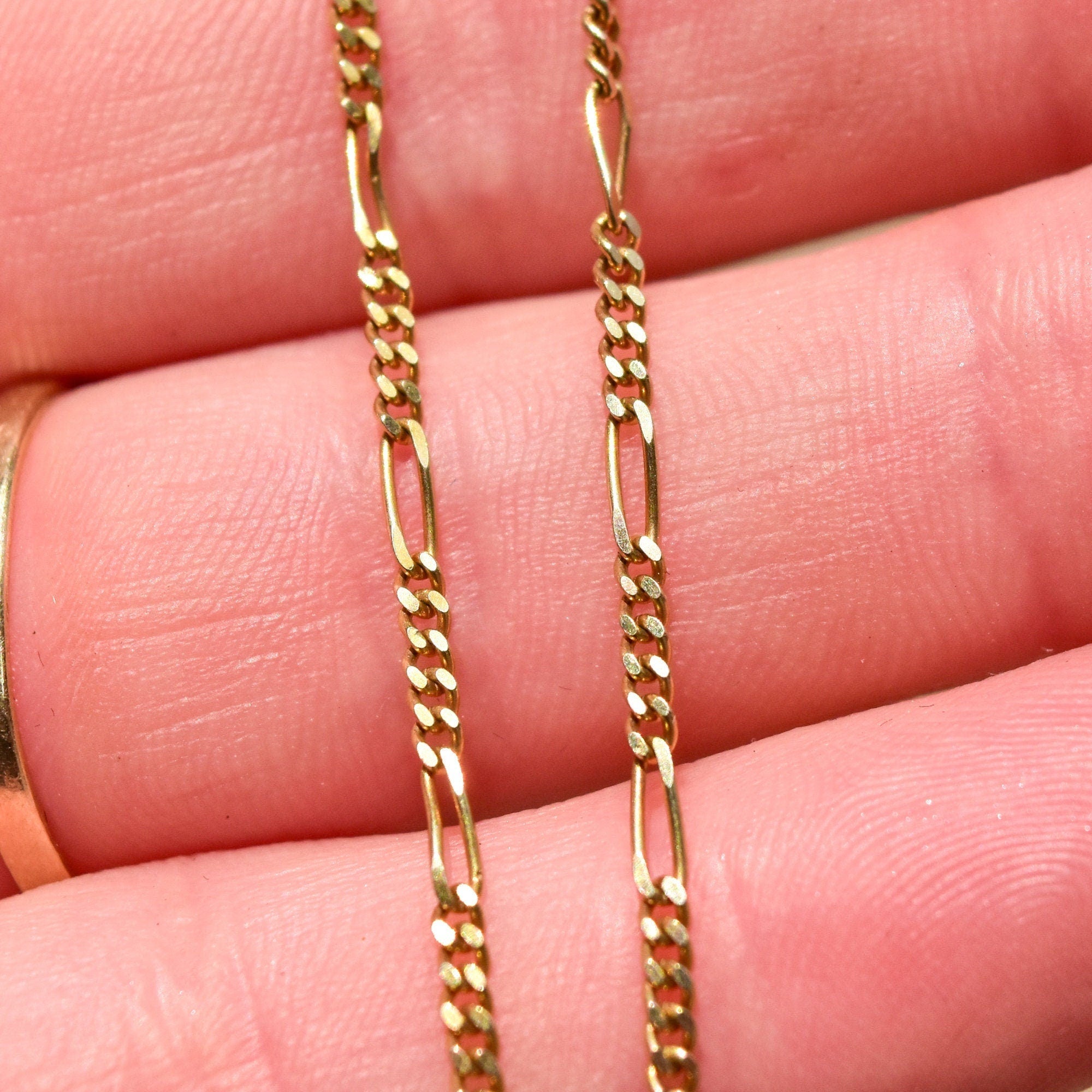 Italian Figaro Chain In 14K Yellow Gold, 2mm Solid Gold Link Necklace, Estate Jewelry, 15 3/4"
