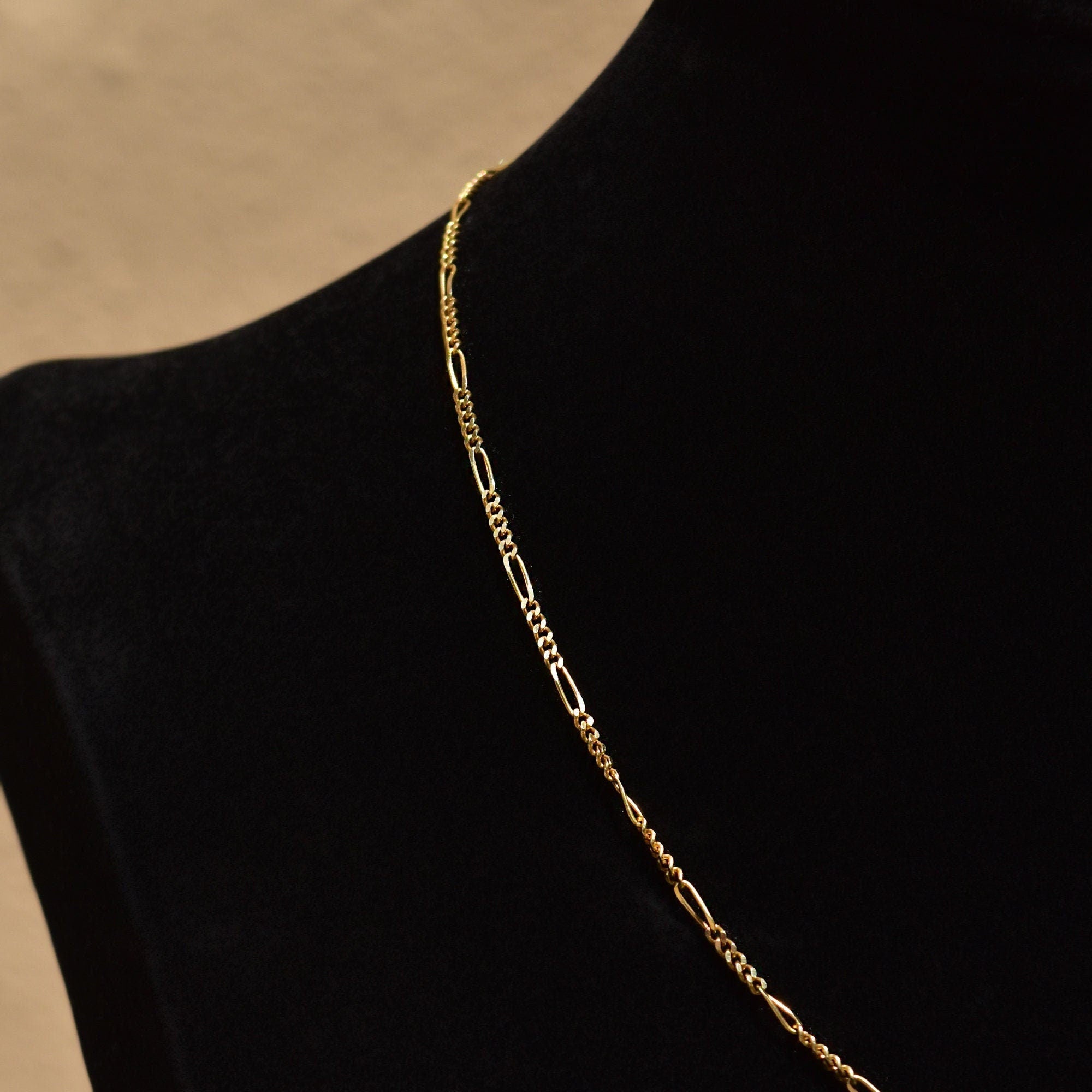 Italian Figaro Chain In 14K Yellow Gold, 2mm Solid Gold Link Necklace, Estate Jewelry, 15 3/4"