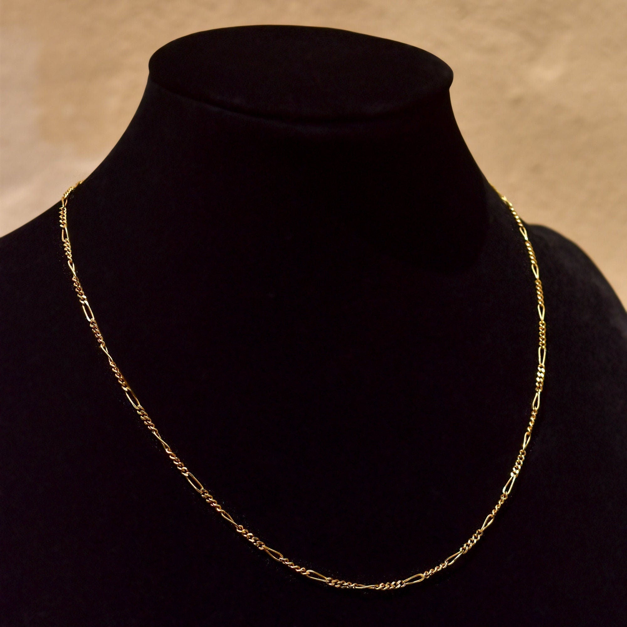 Italian Figaro Chain In 14K Yellow Gold, 2mm Solid Gold Link Necklace, Estate Jewelry, 15 3/4"