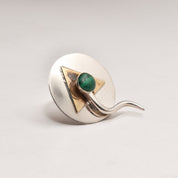 Signed Modernist Sterling Silver Malachite Brooch Pin, Abstract Two-Tone Circle Brooch, 38mm
