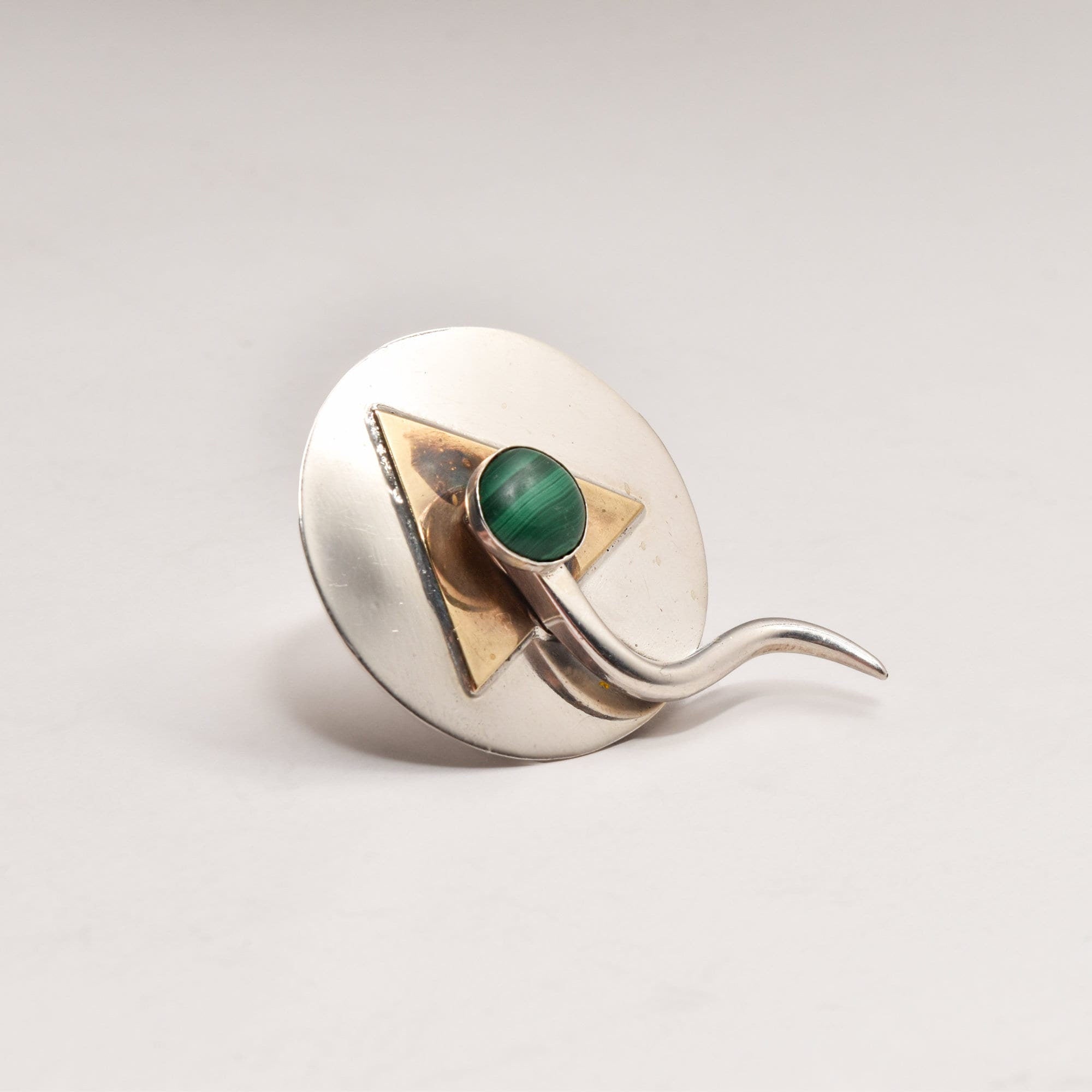 Signed Modernist Sterling Silver Malachite Brooch Pin, Abstract Two-Tone Circle Brooch, 38mm