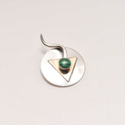 Signed Modernist Sterling Silver Malachite Brooch Pin, Abstract Two-Tone Circle Brooch, 38mm