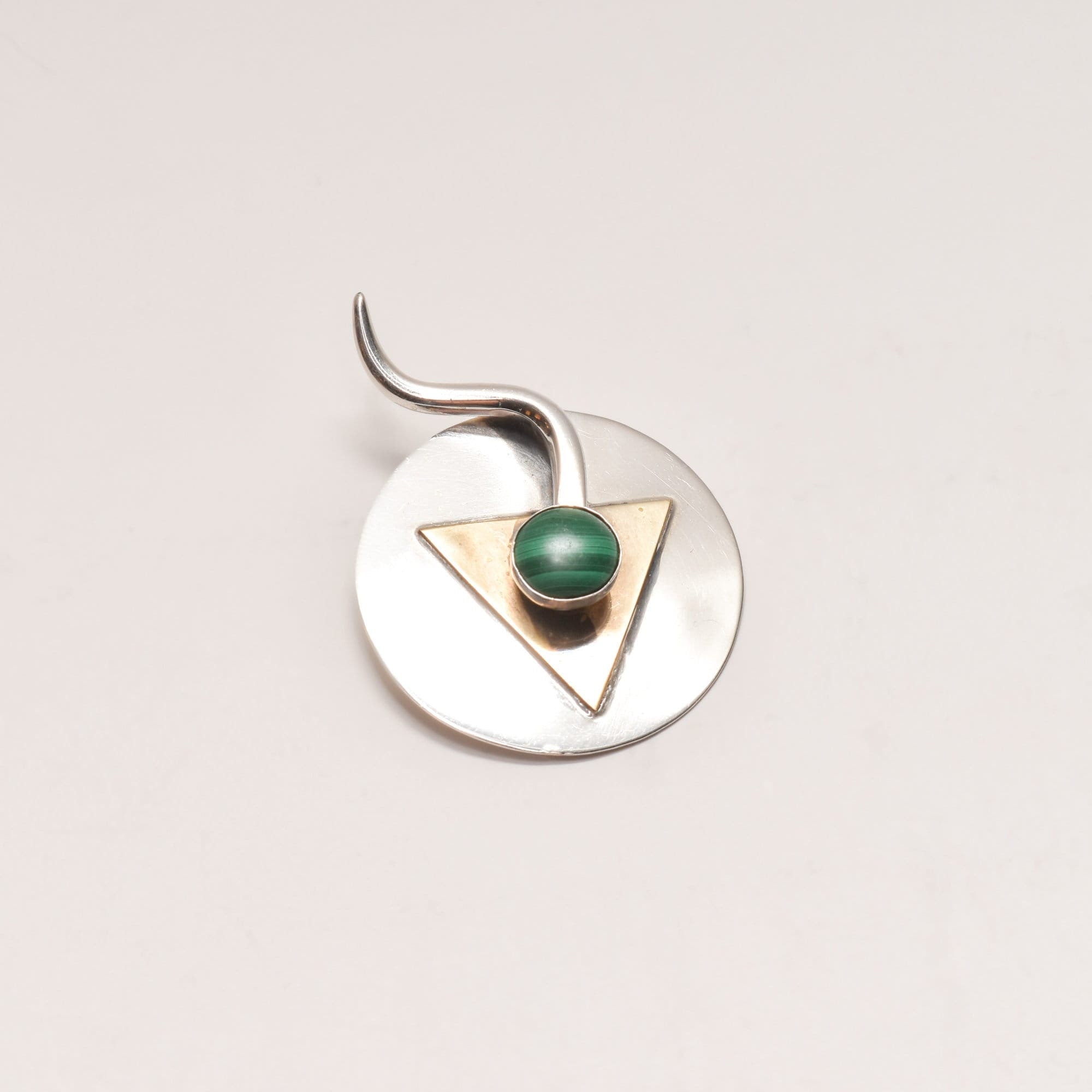 Signed Modernist Sterling Silver Malachite Brooch Pin, Abstract Two-Tone Circle Brooch, 38mm