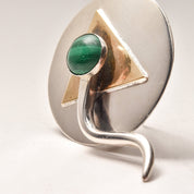 Signed Modernist Sterling Silver Malachite Brooch Pin, Abstract Two-Tone Circle Brooch, 38mm