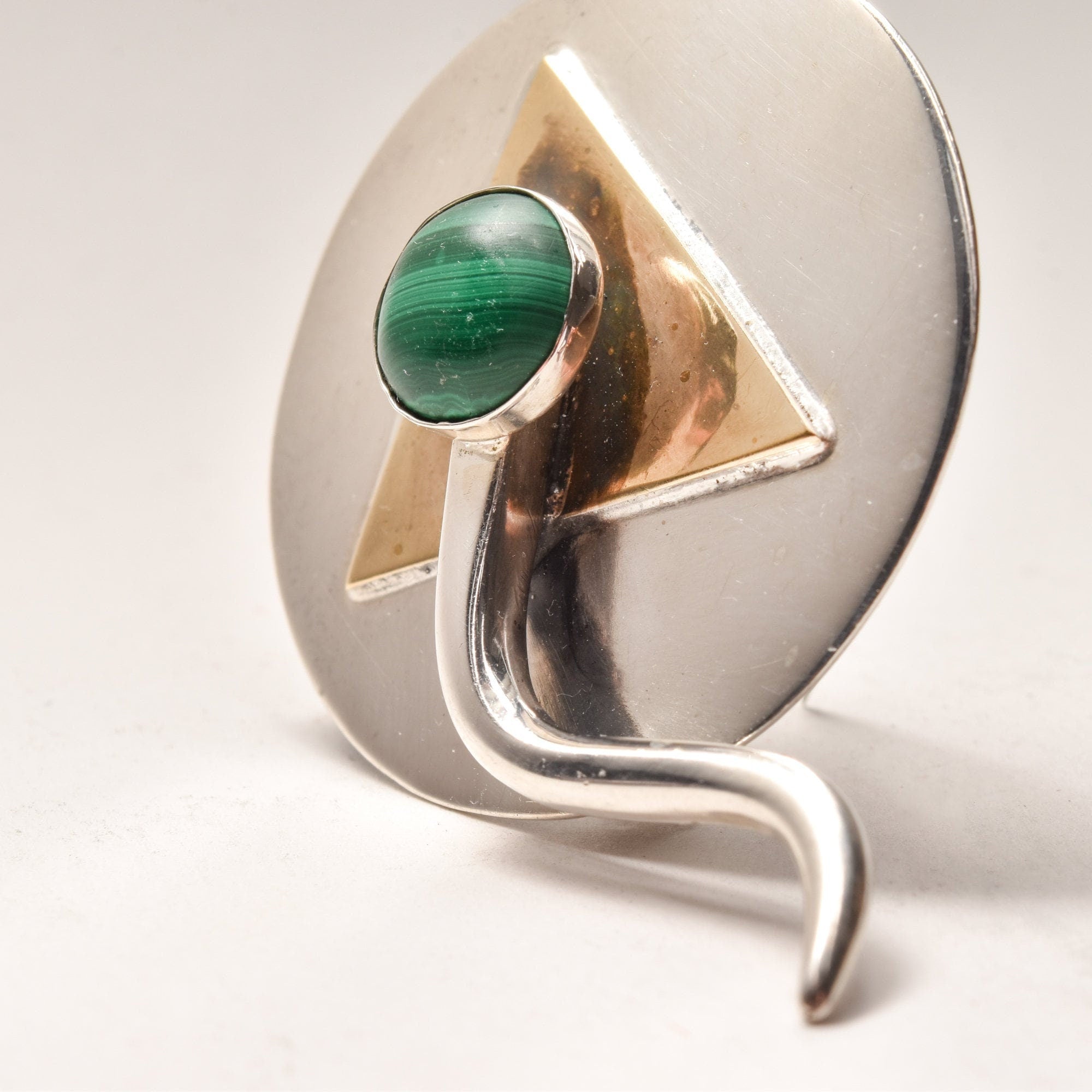 Signed Modernist Sterling Silver Malachite Brooch Pin, Abstract Two-Tone Circle Brooch, 38mm
