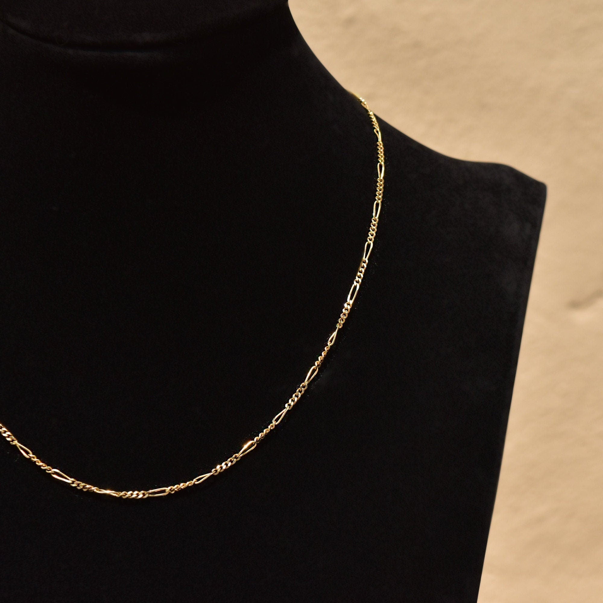 Italian Figaro Chain In 14K Yellow Gold, 2mm Solid Gold Link Necklace, Estate Jewelry, 15 3/4"