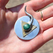 Signed Modernist Sterling Silver Malachite Brooch Pin, Abstract Two-Tone Circle Brooch, 38mm