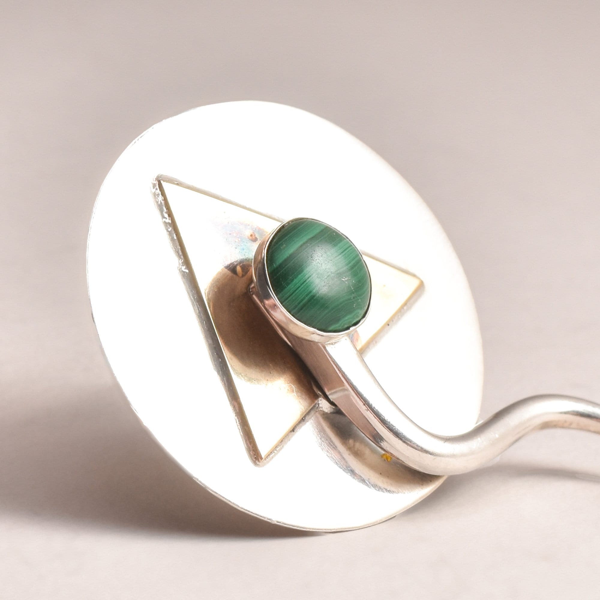 Signed Modernist Sterling Silver Malachite Brooch Pin, Abstract Two-Tone Circle Brooch, 38mm
