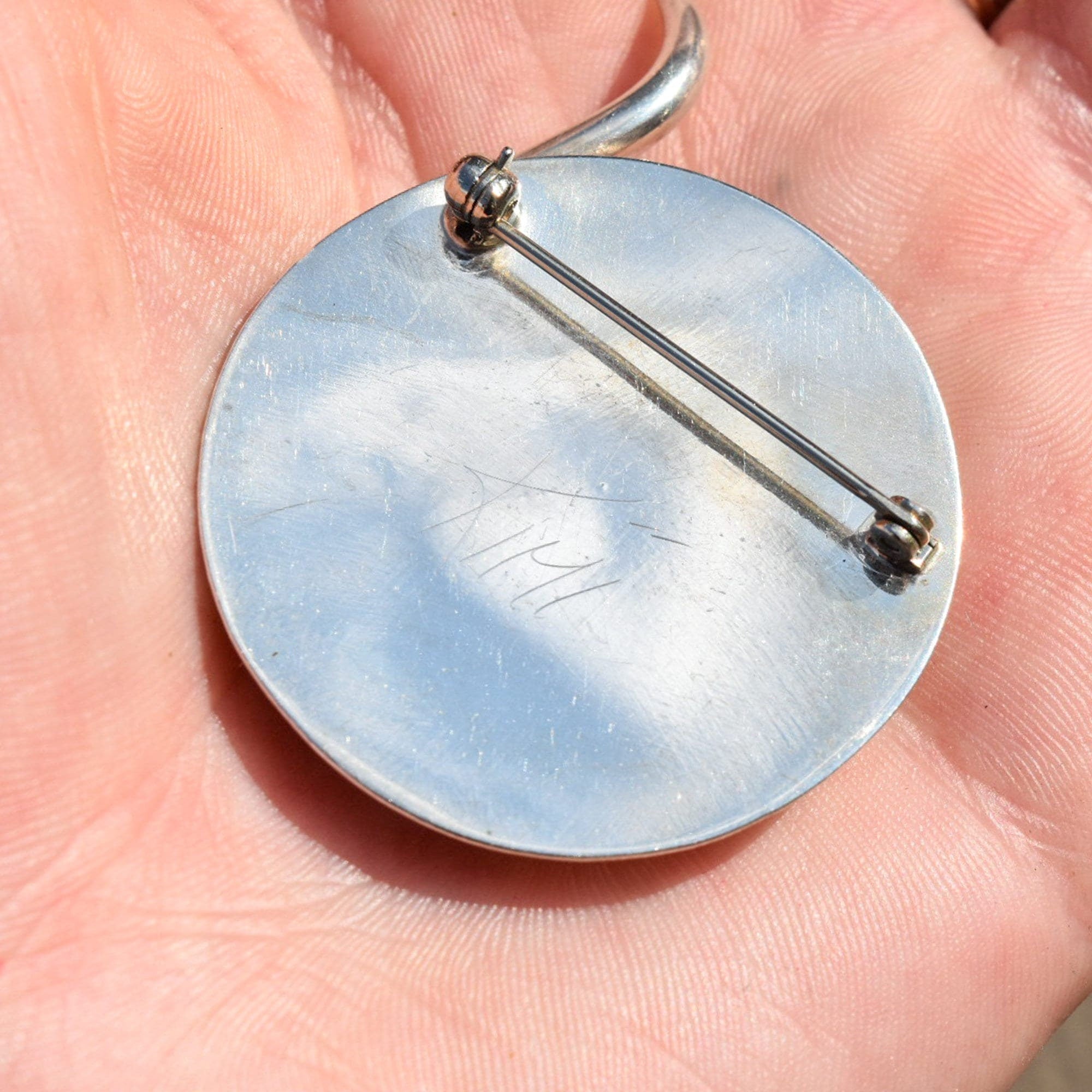 Signed Modernist Sterling Silver Malachite Brooch Pin, Abstract Two-Tone Circle Brooch, 38mm