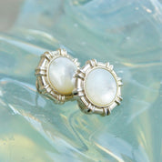Sterling Silver Mother Of Pearl Button Studs, Iridescent Cabochon, Omega Back Earrings, 3/4"