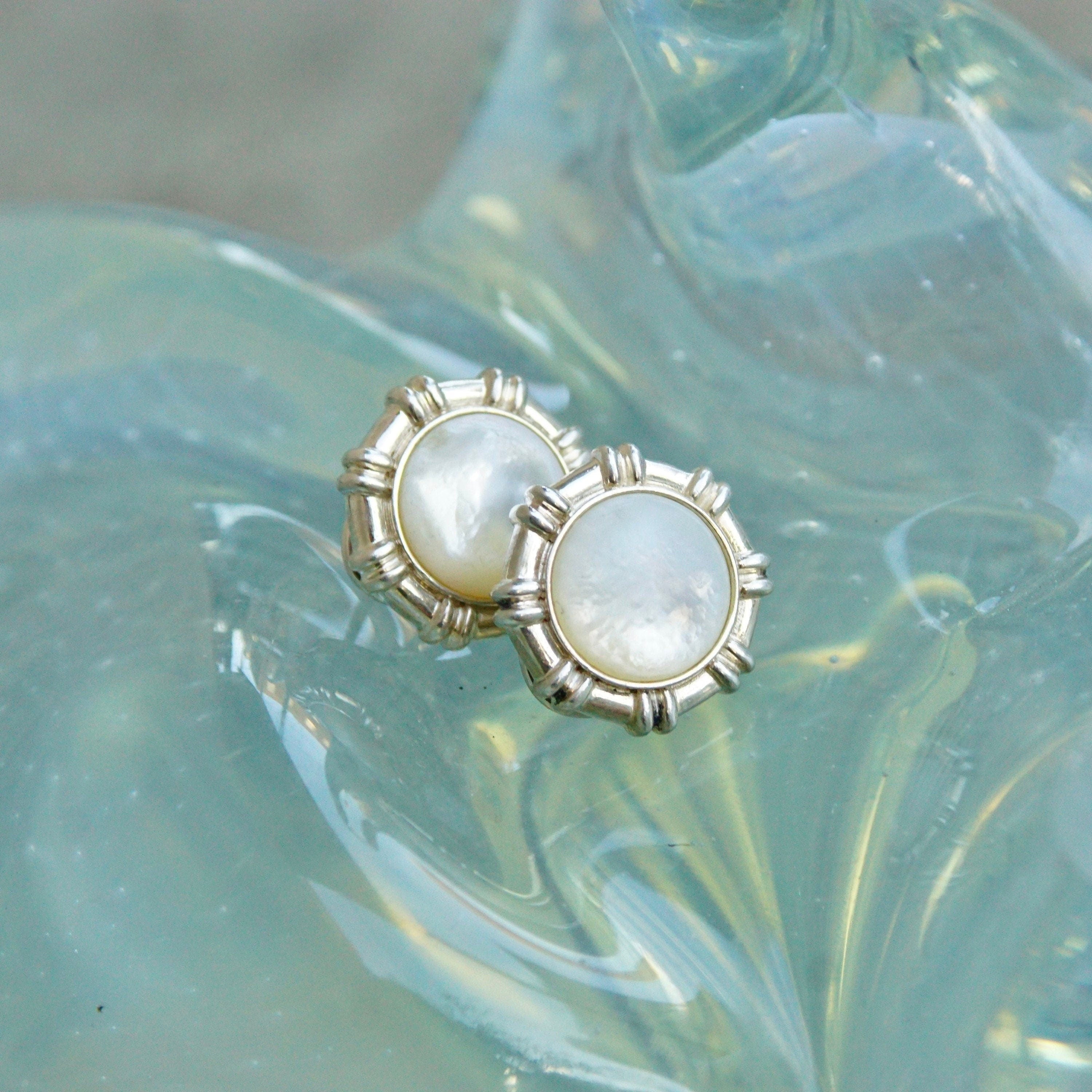 Sterling Silver Mother Of Pearl Button Studs, Iridescent Cabochon, Omega Back Earrings, 3/4"